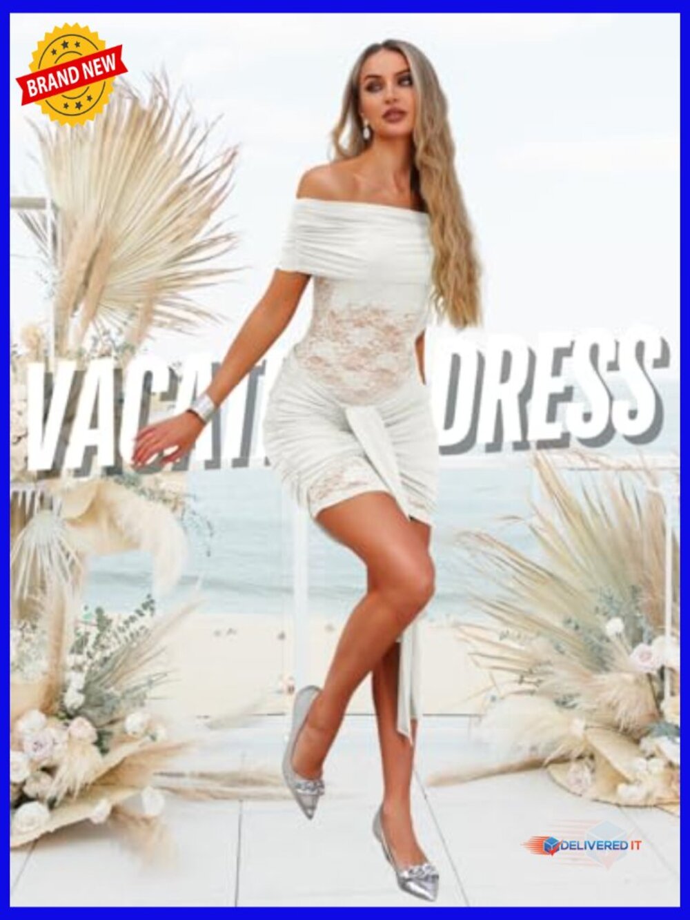 Off Shoulder Ruched Mini Dress, Stretch Lace Bodycon for Night Out - Picture 3 of 7